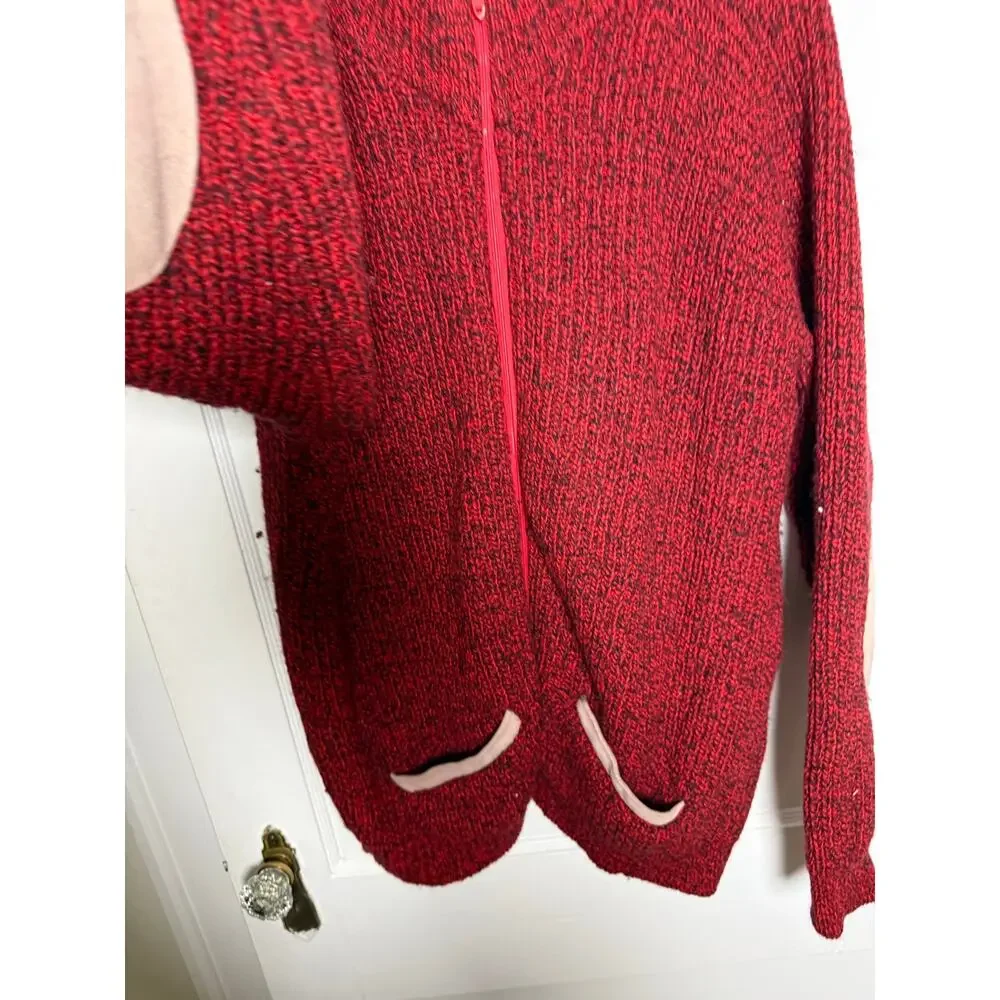 VTG 90s Orvis Mens L Red Marled Knit Zip Cardigan Sweater Elbow Patch Heritage